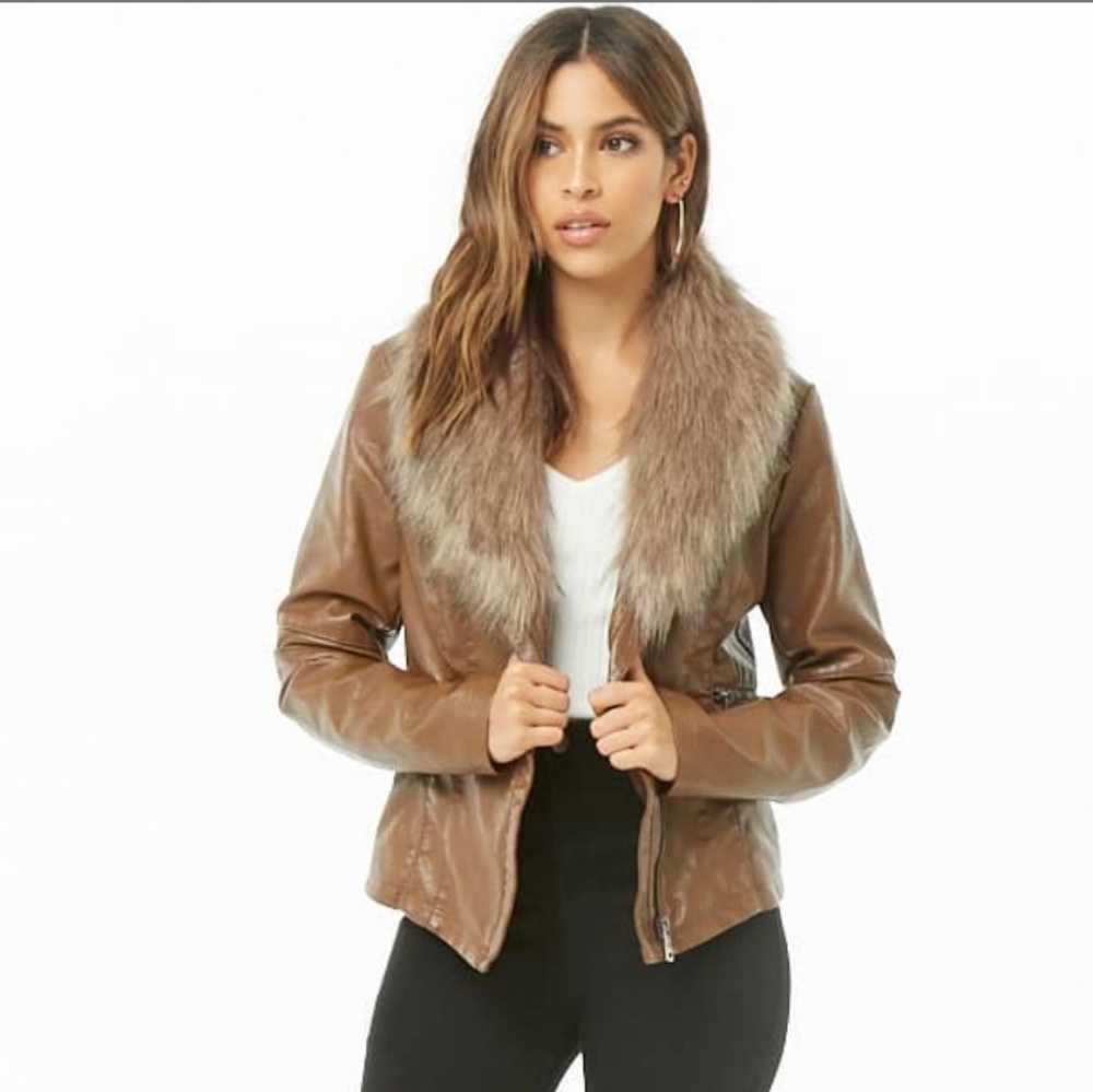 Faux Leather & Fur Collar Jacket